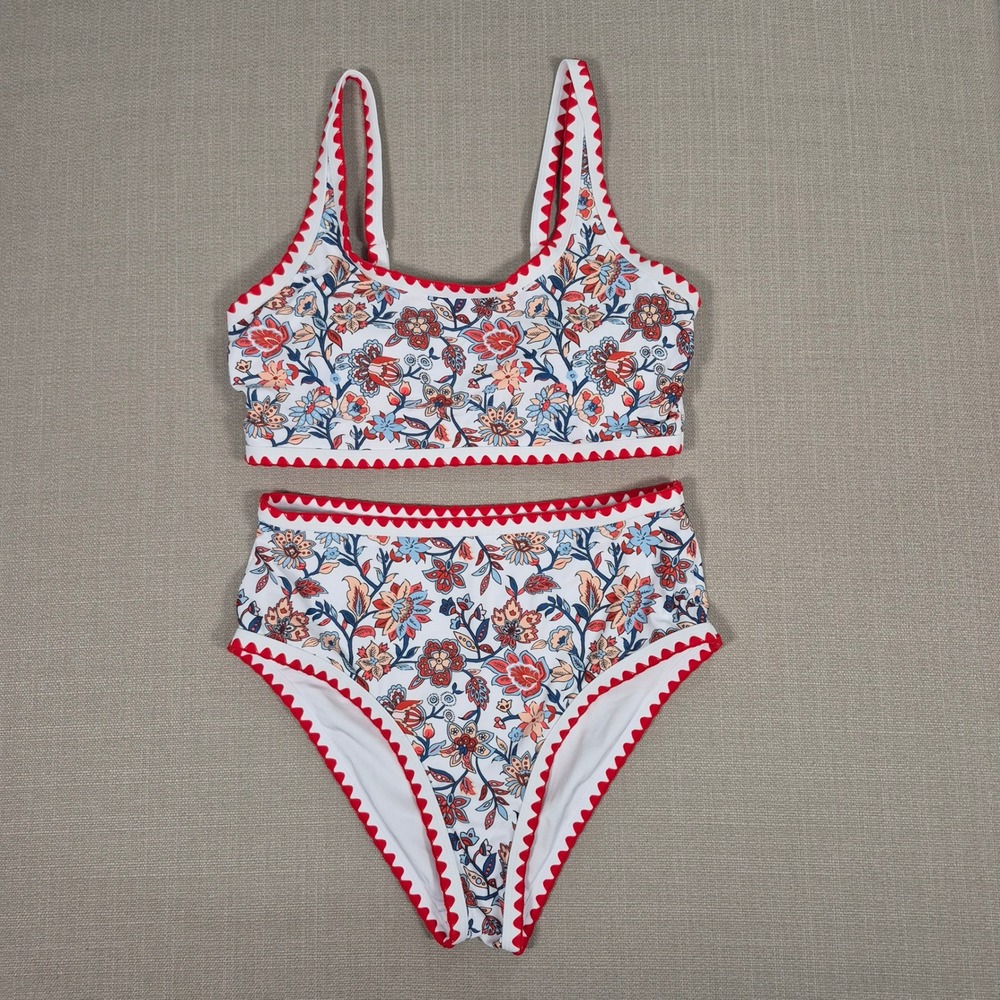 Floral High Waisted Bikini‎ Set Red Blue Ric Rac Trim Tummy Control Medium NWOT